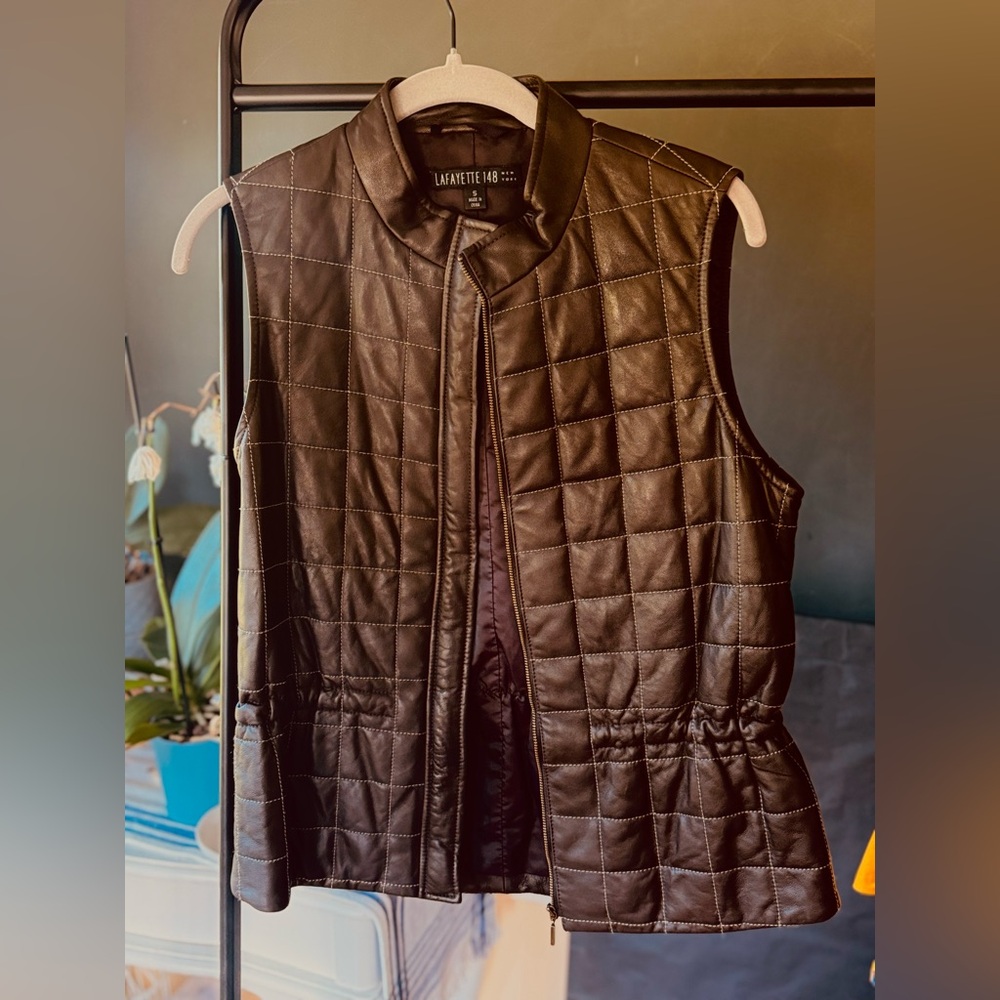 Lafayette 148 New York Dark Brown Quilted Vest %leather